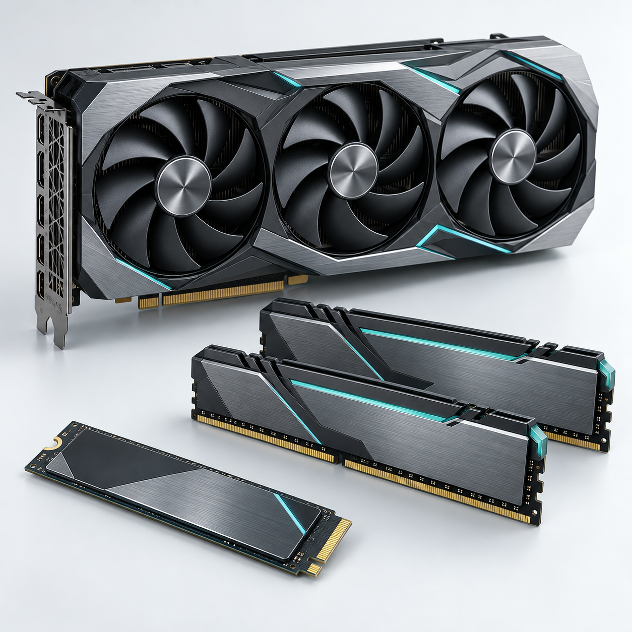 Computer graphics card, RAM, and SSD components